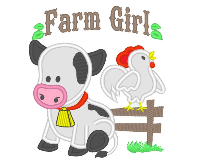 Cow Farm Chicken Farm Gilr, cow applique - cute farm girl theme machine embroidery applique designs 4x4,  5x7, 6x10