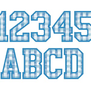 May include: Blue and white checkered font in a varsity style. The letters and numbers are outlined in blue. The letters are A, B, C, and D. The numbers are 1, 2, 3, 4, and 5.
