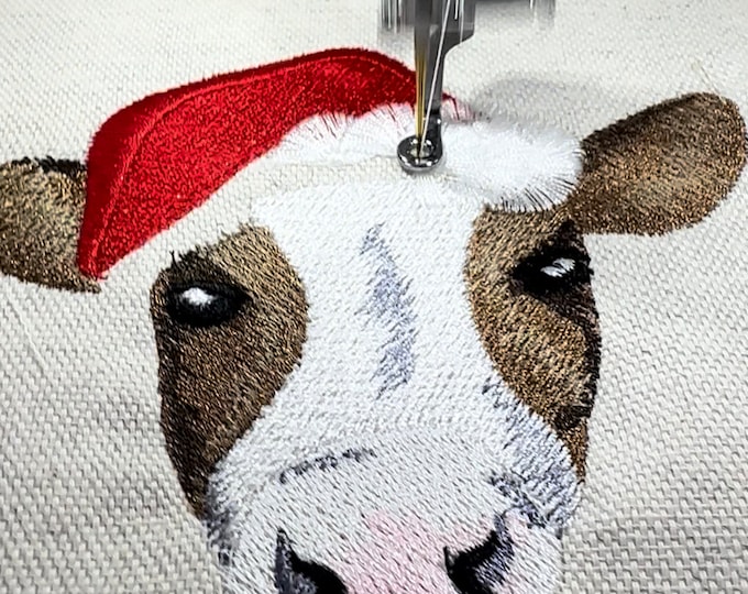 Christmas Cow face Cow head Santa hat fringed machine embroidery design heifer cow farm animal fringe in the hoop ITH 4, 4.5, 5, 5.5 inches