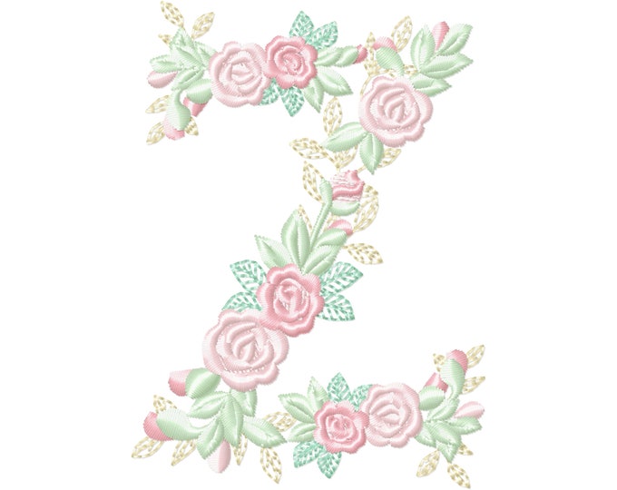 Delicate Roses Floral letter Z garden flag monogram flowers flower flowered Font machine embroidery designs 3.5, 4, 5, 6, 7, 8 in