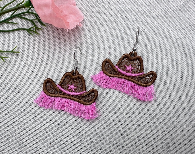 Fringed Cowboy Hat Cowgirl Earrings charm pendant FSL freestanding lace and fringe kids girls machine embroidery designs ITH in the hoop