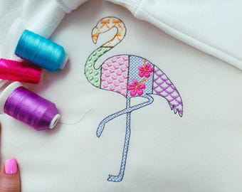 Patchwork Flamingo Bird silhouette outline patterned Flamingo kids girls machine embroidery designs sizes 4 up to 7 inch for hoop 4x4 5x7