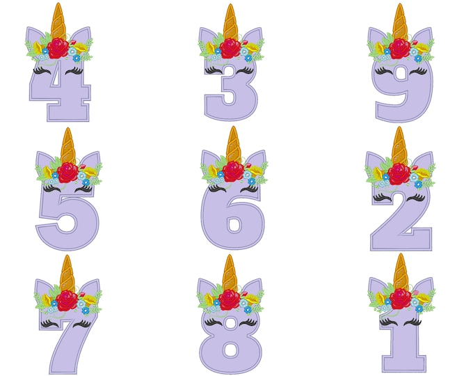 Unicorn numbers with flowers crown Unicorn Birthday numbers applique Unicorn number birthday outfit, Unicorn rainbow 5x7 6x10 all numbers