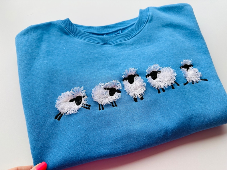 Fuzzy Sheep Lamb SET of 5 types and 5 sheep in row fringed machine embroidery designs Farm Shirt Sweatshirt embroidery Funny Animal Sweater image 4