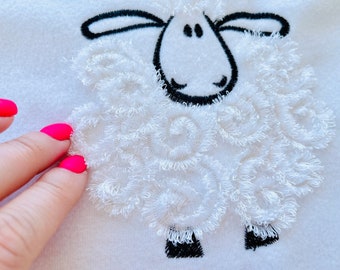 Fringed Fluffy Sheep fur fluffy chenille sheep lamb small machine embroidery designs awesome fringe fur sheep kids fringe in the hoop ITH