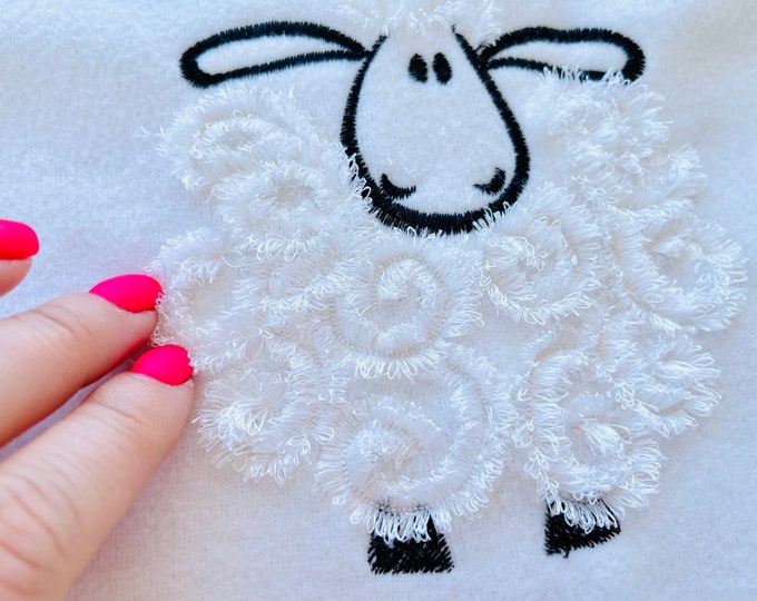 Fringed Fluffy Sheep fur fluffy chenille sheep lamb small machine embroidery designs awesome fringe fur sheep kids fringe in the hoop ITH