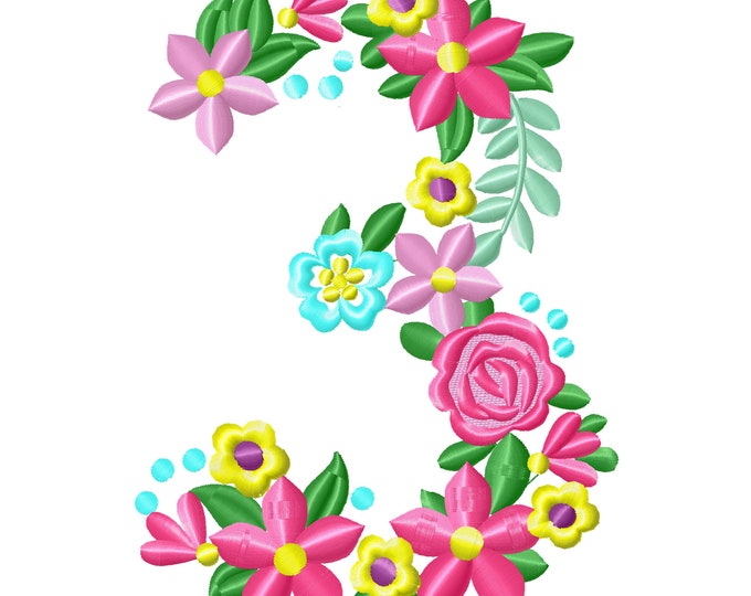 Floral letter Birthday number THREE flowers liberty fashioned flowers Font machine embroidery design number 3 only 4, 5, 6, 7, 8 in