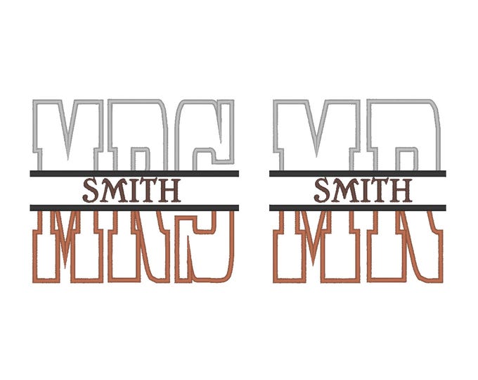 MR and MRS split monogram Applique towel garden flag cushion wedding gift monogram and mini Font machine embroidery designs, bride groom