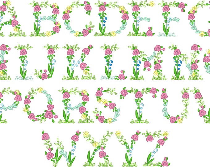 Light stitch Floral Font alphabet machine embroidery designs flowered font Summer Daisy Rose Flower monogram sizes 2 up to 3.5 inches, BX