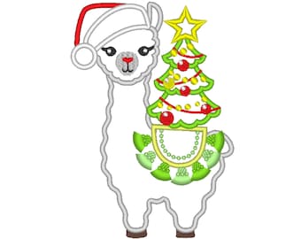 Christmas tree llama applique embroidery Llama or alpaca with Santa hat and Christmas tree machine embroidery designs drama llama