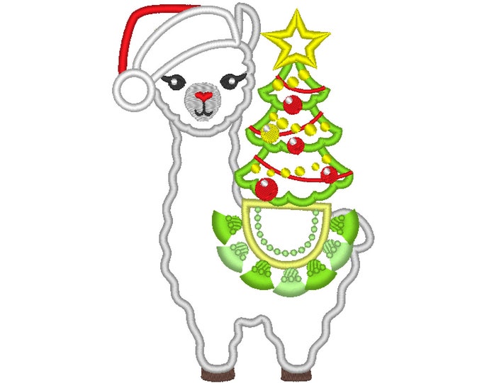 Christmas tree llama applique embroidery Llama or alpaca with Santa hat and Christmas tree machine embroidery designs drama llama