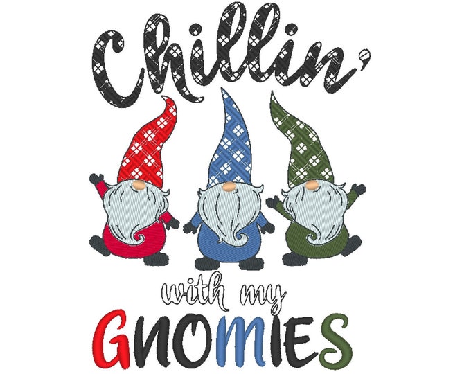 Chillin' with my gnomies 3 gnomes in a row Merry Christmas Gnome Trio triple gnome Man machine embroidery designs for hoop 4x4, 5x7, 8x8