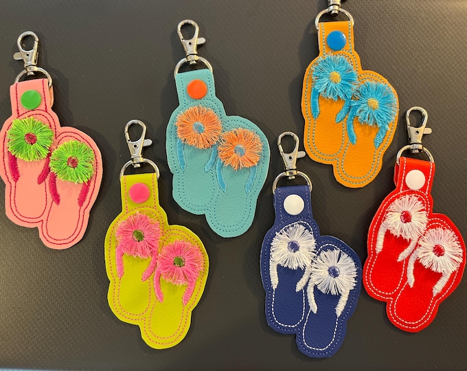 Flip Flops Fluffy Fringed Flower Eyelet and Key Fob Snap Tab in the hoop machine embroidery designs ITH summer beach keychain girls bag tag