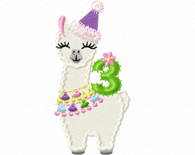 3 inches fill stitch Number 3 THREE birthday Llama alpaca Birthday hat outfit llama with number machine embroidery designs