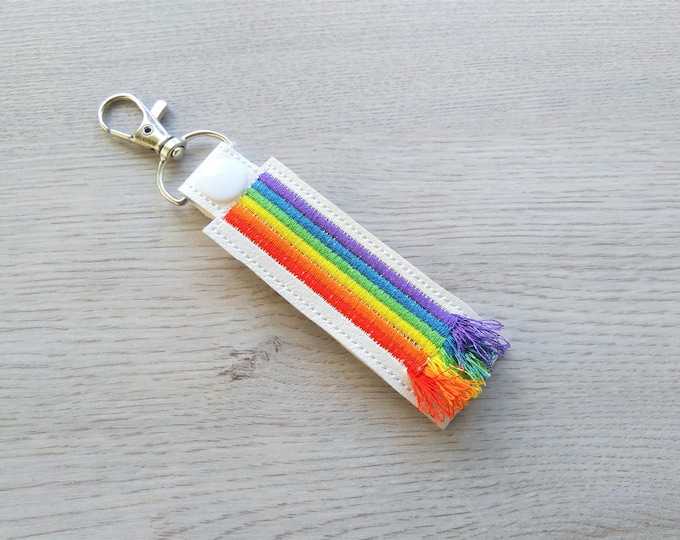 Fringed Rainbow key fob snap tab ITH in the hoop machine embroidery design for hoop 4x4, key chain ITH embroidery project, tutorial included