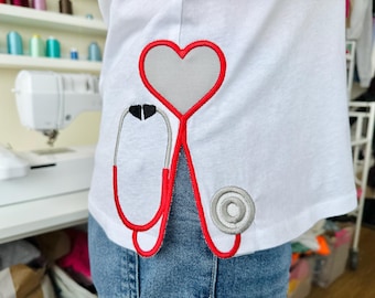 Therapist Medic Stethoscope Heart split seam side bow Applique machine embroidery designs Doctor Nurse Valentine outfit tshirt sweatshirt