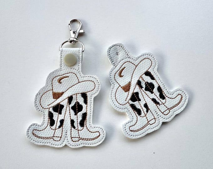 Cowboy Boots Hat Eyelet and key fob snap tab keychain in the hoop machine embroidery designs ITH Farm Cowgirl kids boys bag tag gift idea