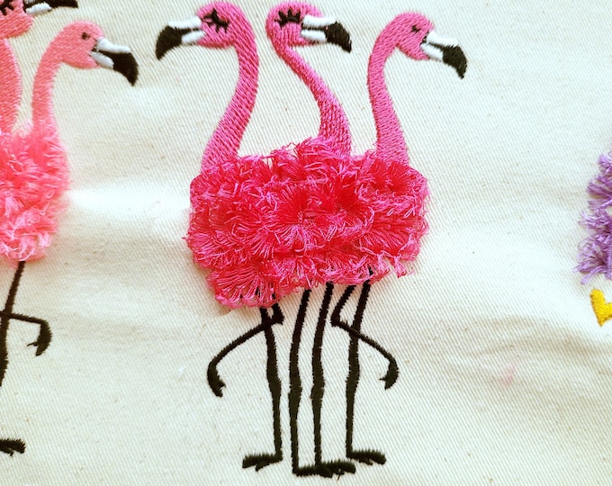 3 Fringed fluffy chenille Flamingos flock of 3 flamingos machine embroidery designs flamingo for hoop 4x4 and  5x7  fringe fur flamingo