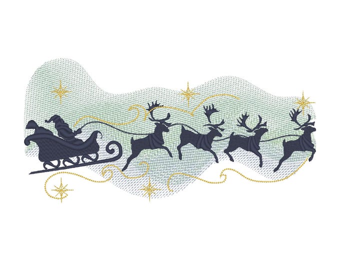 Merry Christmas Polar Night glow sky Santa Sleigh with Deer for hoop 4x4 5x7 6x10 8x12 Banner Garden flag family machine embroidery designs