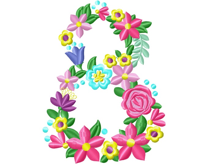 Floral letter Birthday number EIGHT flowers liberty fashioned flowers Font machine embroidery design number 8 only 4, 5, 6, 7, 8 in