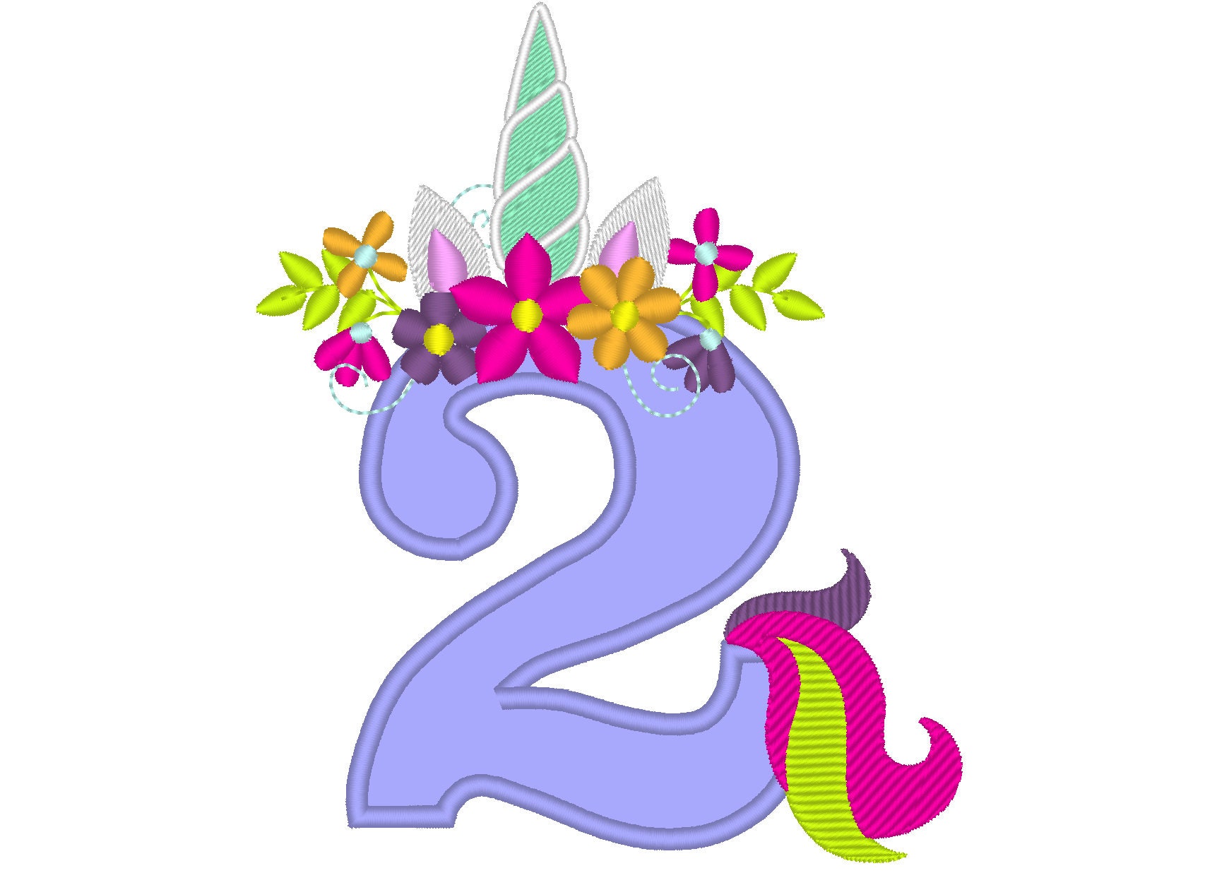 unicorn number two 2 with flowers crown unicorn tail birthday number