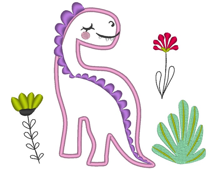Floral girly Dinosaur Applique machine embroidery design in assorted sizes for hoop 4x4, 5x7, 6x10 Jurassic World kids baby dino girl