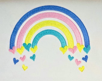 Mini fill stitch Rainbow in many sizes, outline rainbow with falling hearts cute kids girly delicate design, machine embroidery designs