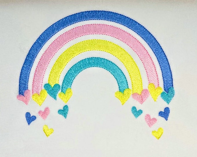 Mini fill stitch Rainbow in many sizes, outline rainbow with falling hearts cute kids girly delicate design, machine embroidery designs