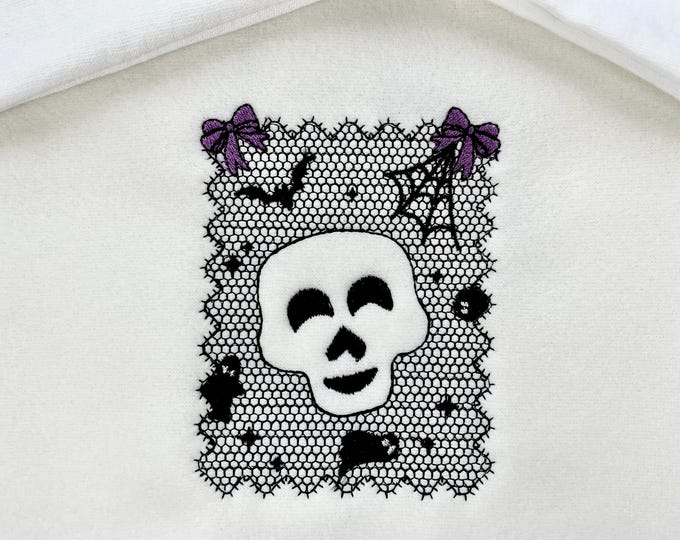 Halloween Skull Lace effect Bats Ghost Spider Web Bow machine embroidery designs sizes 4 up to 7 inch kids girls scary spooky design