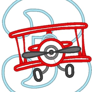 Airplane Birthday number THREE 3 Applique machine embroidery designs kids boy baby Birthday outfit hoop 4x4, 5x7, 6x10 vehicle plane number