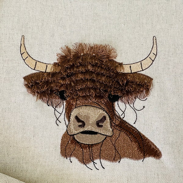 Big 2023 Fringed Highland cattle Cow Scottish breed rustic cattle machine embroidery designs fluffy fringe ITH in the hoop sweet farm home