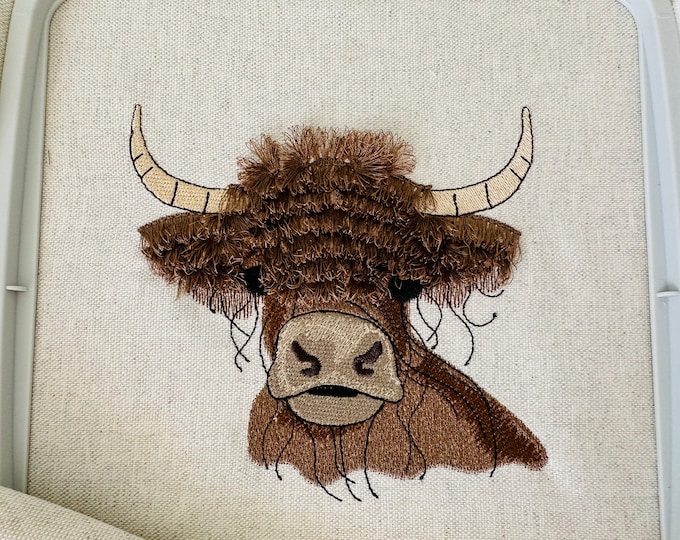 Big 2023 Fringed Highland cattle Cow Scottish breed rustic cattle machine embroidery designs fluffy fringe ITH in the hoop sweet farm home