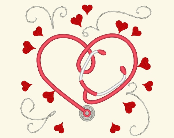 Stethoscope embroidery, doctor and Nurse Stethoscope heart, heartbeat embroidery designs - 3, 4, 5 inches