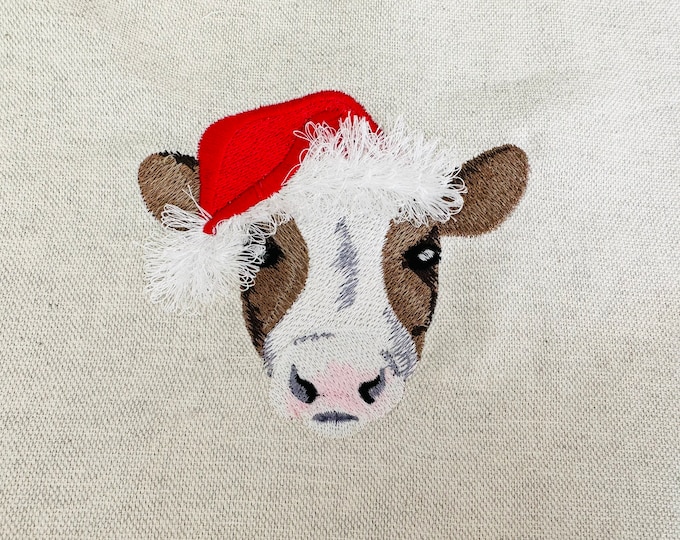 Christmas Cow face Cow head Santa hat fringed machine embroidery design heifer cow farm animal fringe in the hoop ITH 4, 4.5, 5, 5.5 inches