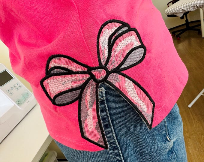Classic Bow Applique with shadows machine embroidery designs wide ribbon Girly Bow from 5 to 8 inches sweatshirt seam side bow Heirloom