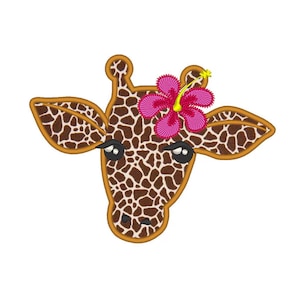 May include: A giraffe head with brown and white spots, outlined in brown. The giraffe wears a pink hibiscus flower with a yellow center. The eyes are black with white highlights, and the eyelashes are black.