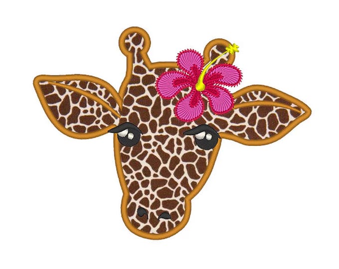 Lovely Giraffe Girl head Applique wild animal with Hibiscus flower floral machine embroidery designs sizes for hoop 4x4 and 5x7