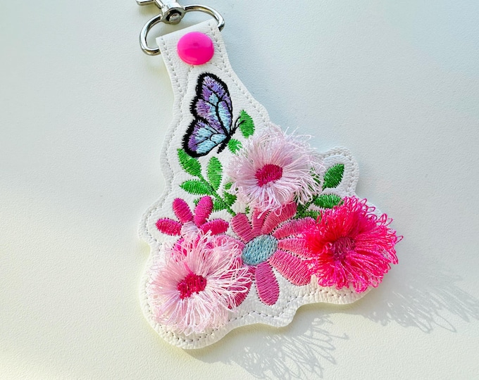Floral Flower Garden and Butterfly Eyelet and Key Fob Snap Tab fringed fluffy flowered keychain in the hoop ITH machine embroidery designs