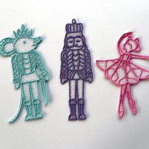 Nutcracker Christmas Tree Ornaments hanger FSL freestanding lace SET of 3 pcs Ballerina, Nutcracker, Rat King machine embroidery designs
