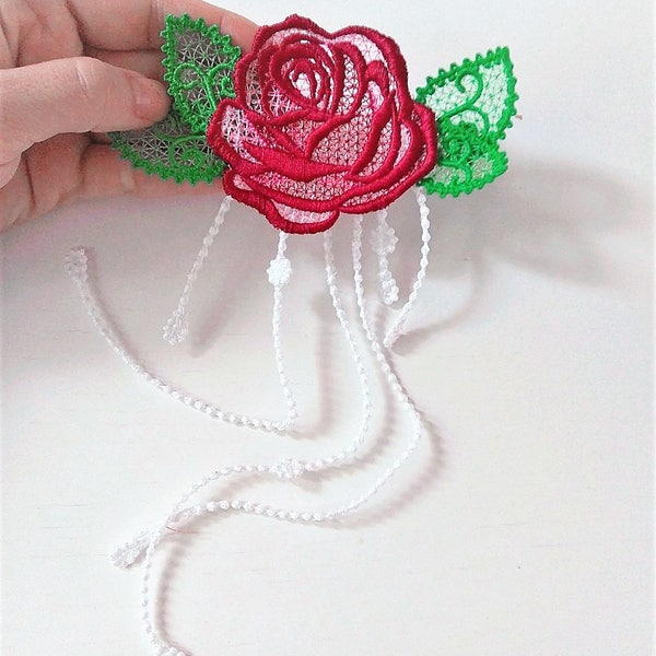 Rose accent FSL Free standing lace machine embroidery designs in the hoop ITH embroidery lace rose flower floral for hoop 4x4, 5x7 kids girl