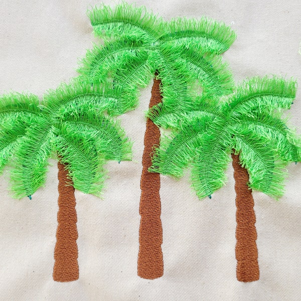 Three palms in a row Fluffy chenille leaves machine embroidery designs assorted sizes 7, 8, 9, 10 inches awesome fringe fur palm tree beach