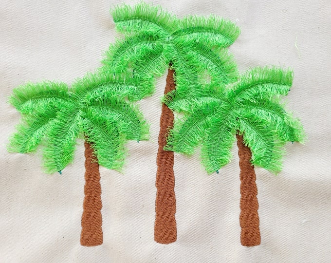 Three palms in a row Fluffy chenille leaves machine embroidery designs assorted sizes 7, 8, 9, 10 inches awesome fringe fur palm tree beach