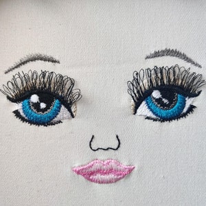 Fringed 3d lashes iridescent eyes doll face, eye, mouth, note eyebrow machine embroidery designs complete face 2.5, 3, 3.5 4, 4.5 and 5 in