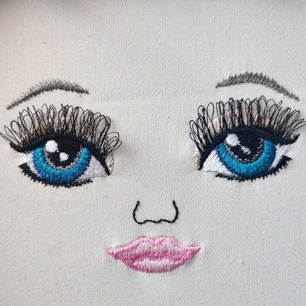Fringed 3d lashes iridescent eyes doll face, eye, mouth, note eyebrow machine embroidery designs complete face 2.5, 3, 3.5 4, 4.5 and 5 in