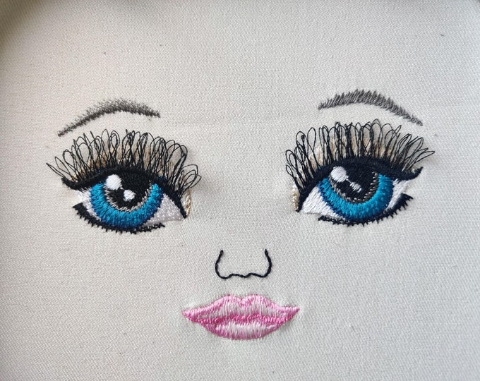 Fringed 3d lashes iridescent eyes doll face, eye, mouth, note eyebrow machine embroidery designs complete face 2.5, 3, 3.5 4, 4.5 and 5 in