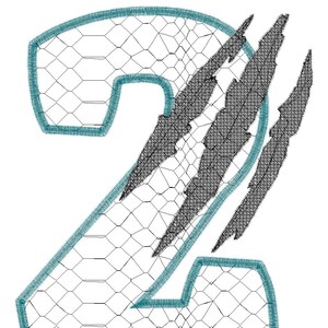 May include: A black and teal embroidered design of the number two with claw marks. The design is outlined in teal and has a black mesh background.