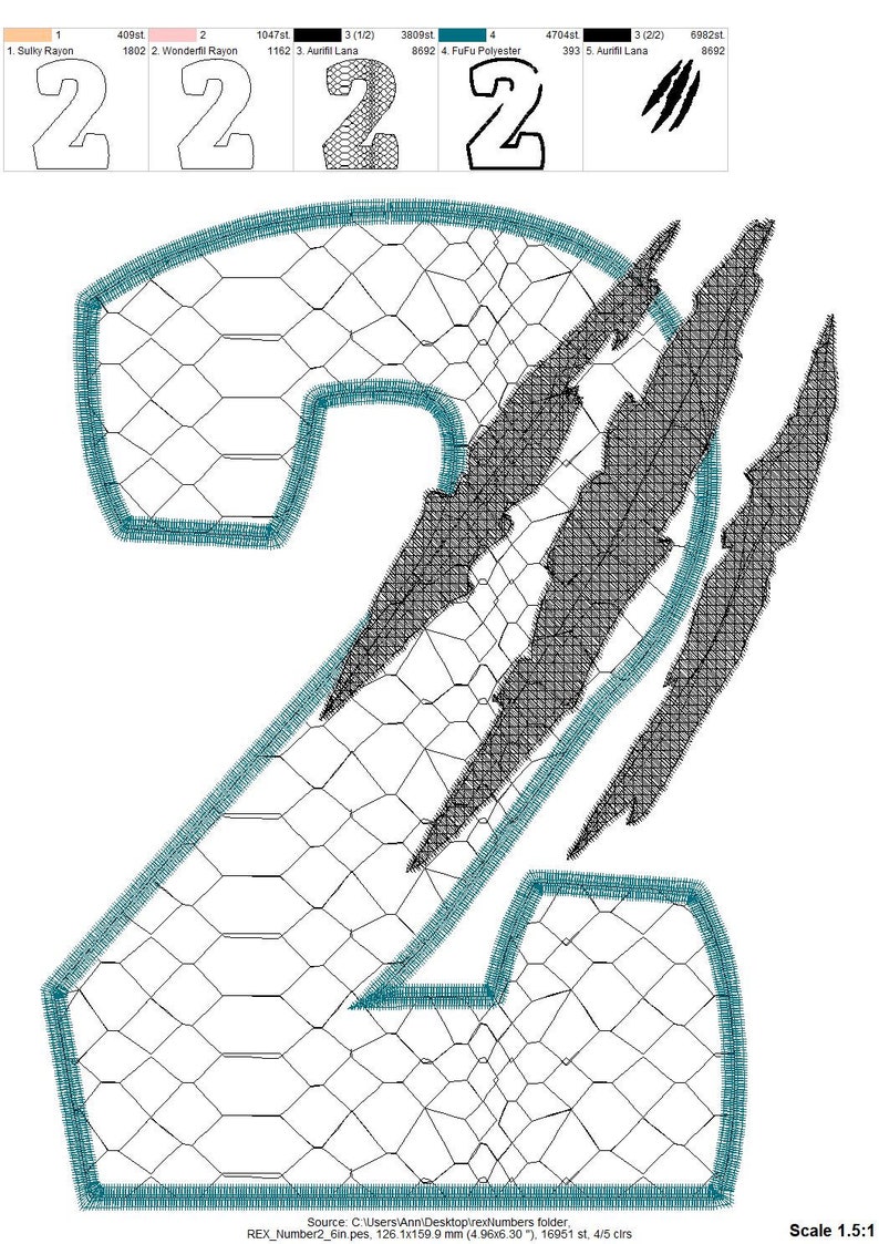 May include: A black and teal embroidered design of the number two with claw marks. The design is outlined in teal and has a black mesh background.