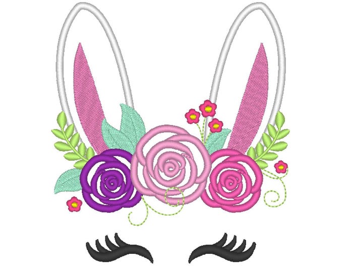 Easter Bunny head ears with shabby chic floral rose crown applique machine embroidery designs Easter bunny pretty eyes kids girls design