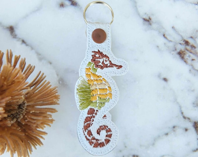 Seahorse Fish keychain in the hoop 2 types Eyelet and key fob snap tab machine embroidery designs Fringed summer ITH bag tag gift idea