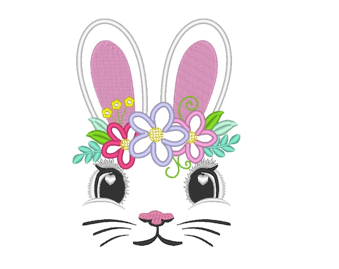 Easter bunny face applique machine embroidery designs, flower floral bunny ears applique 4, 7, 9 inches, kids pretty bunny girl baby kids